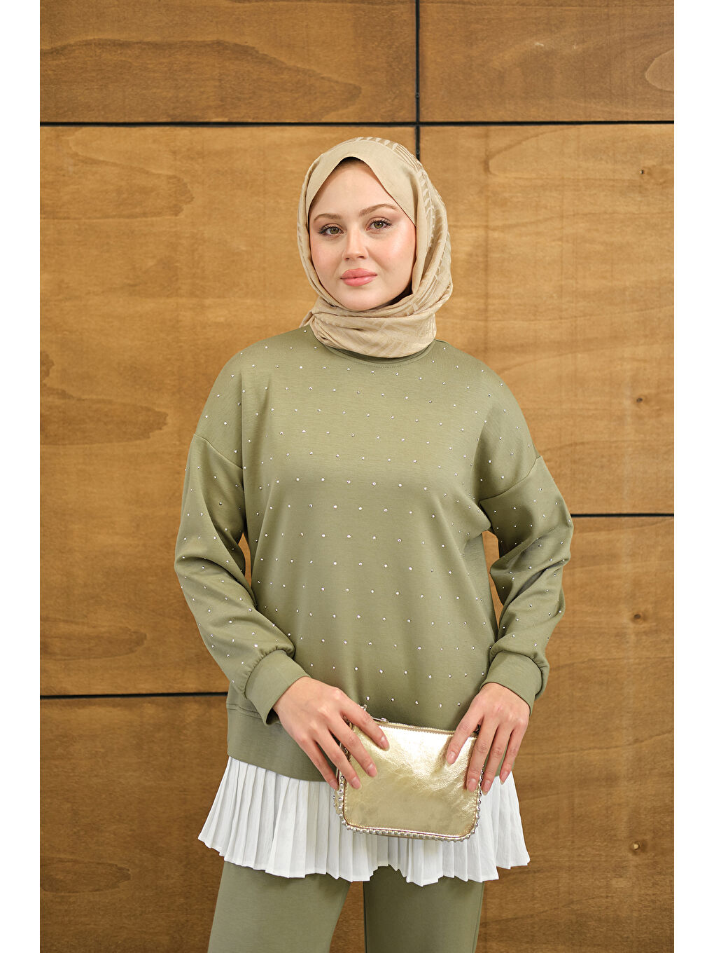 Kadın Beli Pileli Taşlı İkili Takım Haki Yeşil-3