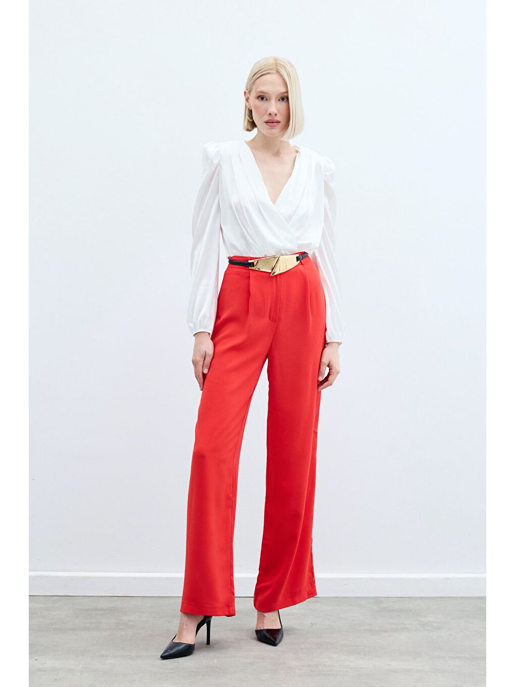 Pileli Krep Pantolon - Mercan-1