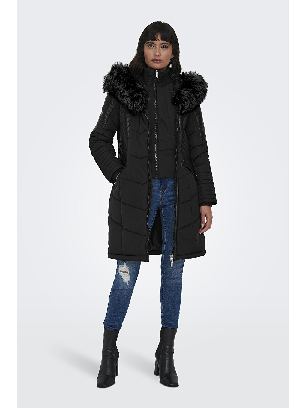 Siyah Onlnewlinette Slim Fit Kapüşonlu Kadın Mont 15295396