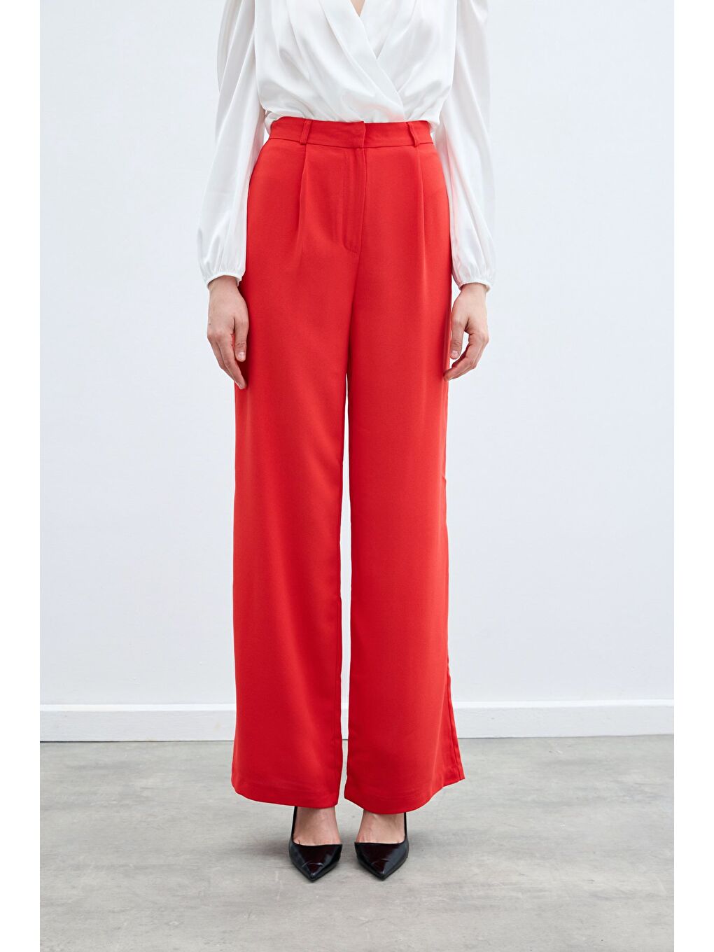 Pileli Krep Pantolon - Mercan-2