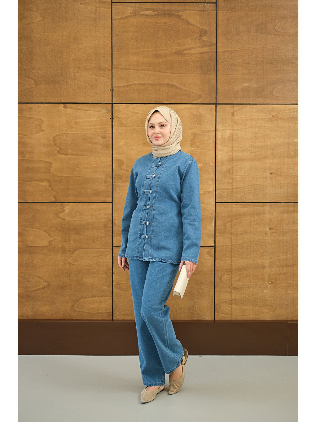 Kadın Gümüş Düğme Detaylı Takım Buz Mavi-2