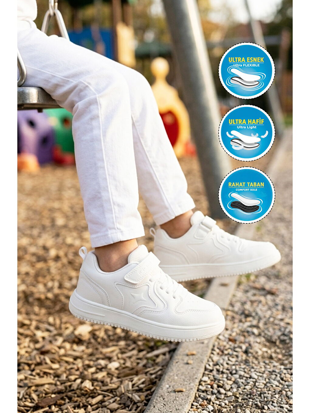 Beyaz Cırtlı Hafif Unisex Çocuk Spor Ayakkabı Eldon F-2