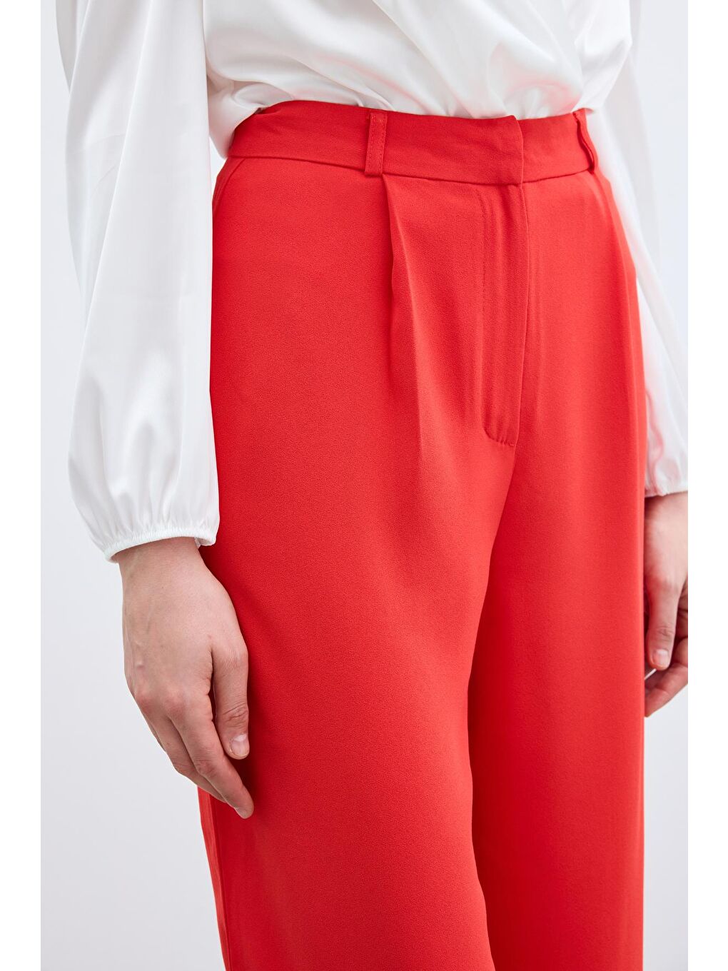 Pileli Krep Pantolon - Mercan-3