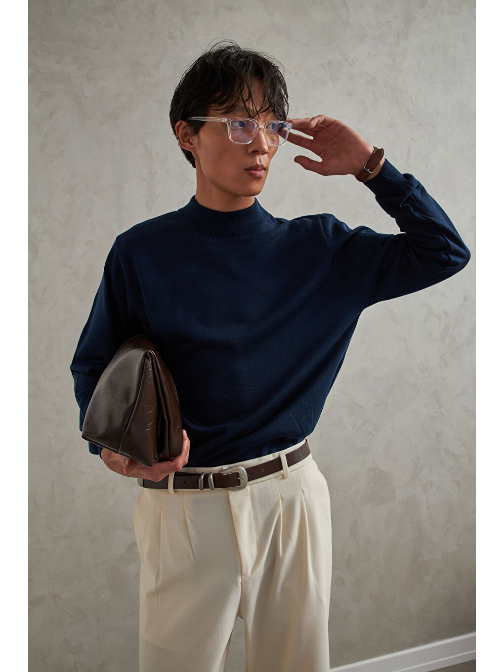 Lacivert Erkek Yarım Balıkçı Oversize Basıc Triko Kazak-1