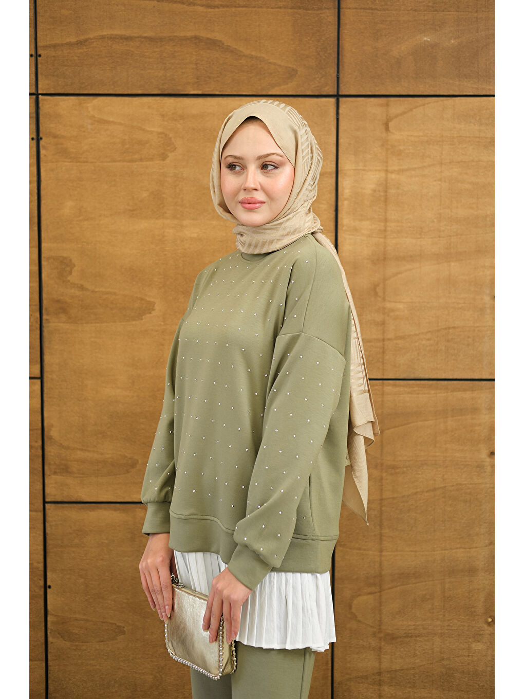 Kadın Beli Pileli Taşlı İkili Takım Haki Yeşil-4