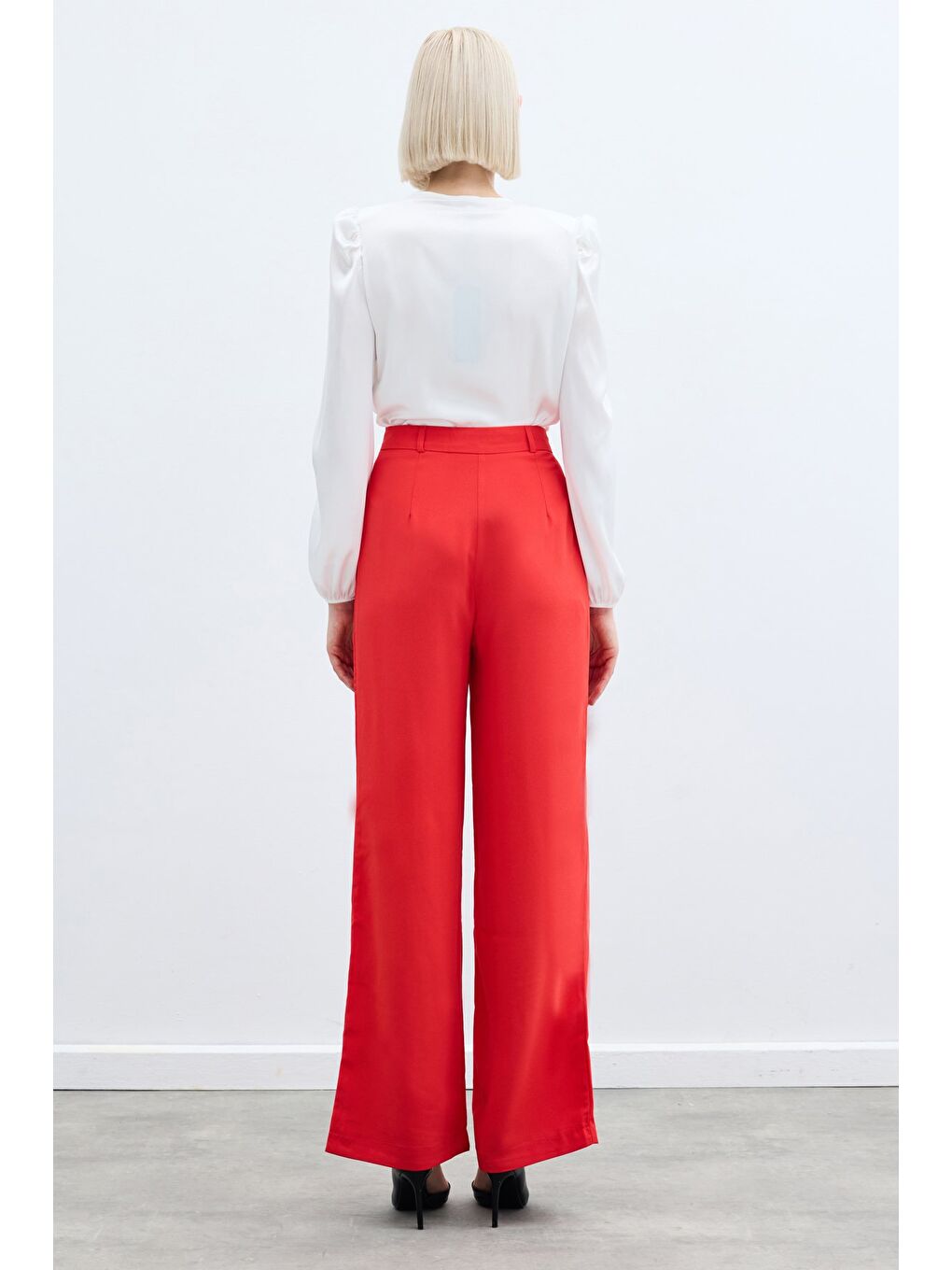 Pileli Krep Pantolon - Mercan-4