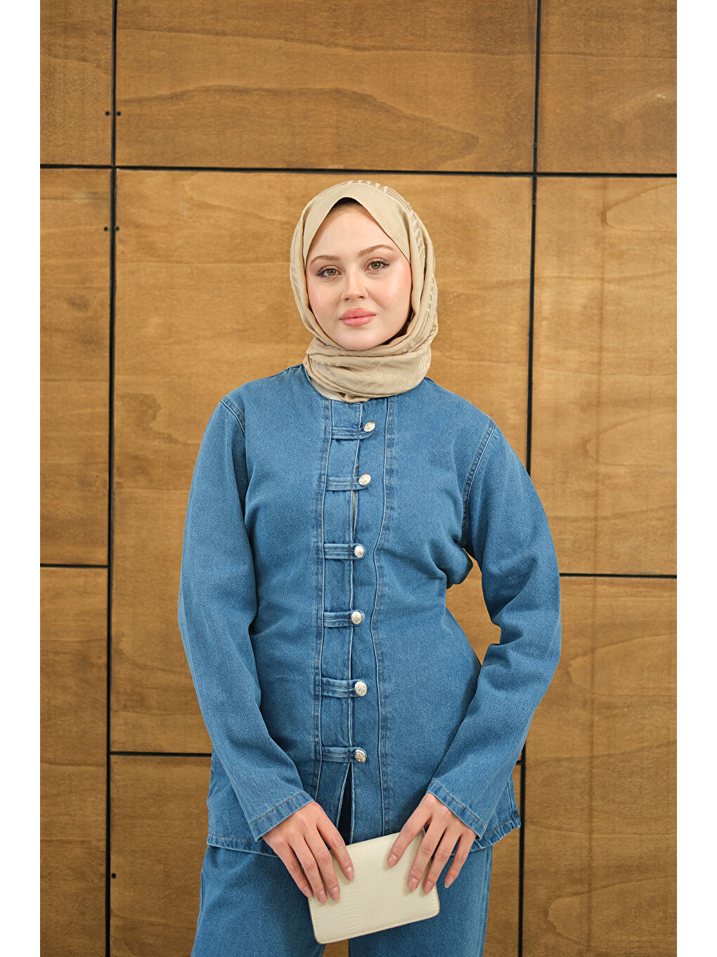 Kadın Gümüş Düğme Detaylı Takım Buz Mavi-3