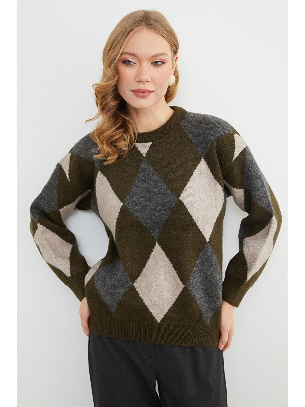 Haki Baklava Desenli Bisiklet Yaka Triko Kazak-1