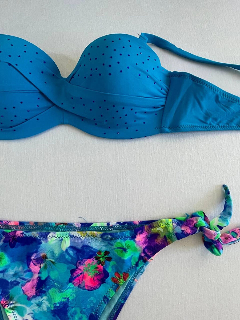 Kadın Mavi Taş İşlemeli Desenli Astarlı Bikini Takım HZL25S-LC203-2