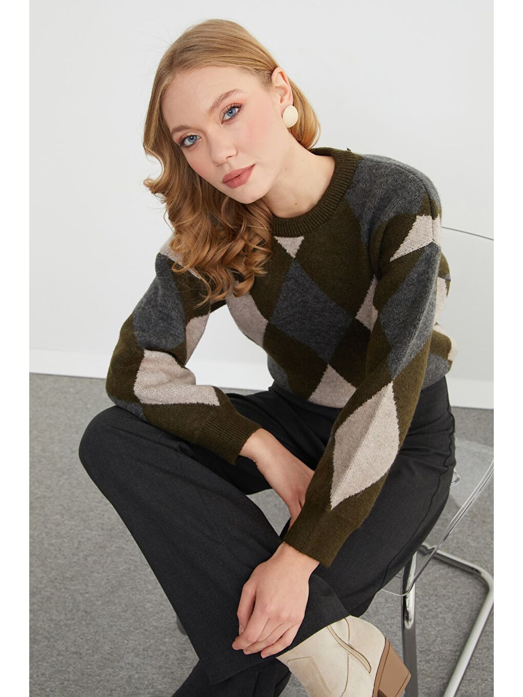 Haki Baklava Desenli Bisiklet Yaka Triko Kazak-2