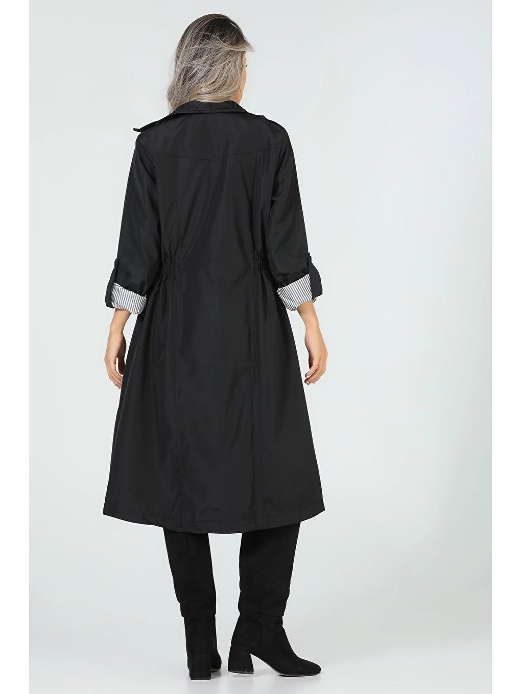 Gülseli Siyah Kadın Bel Bağcıklı Astarlı Slim Fit Uzun Trençkot - 7