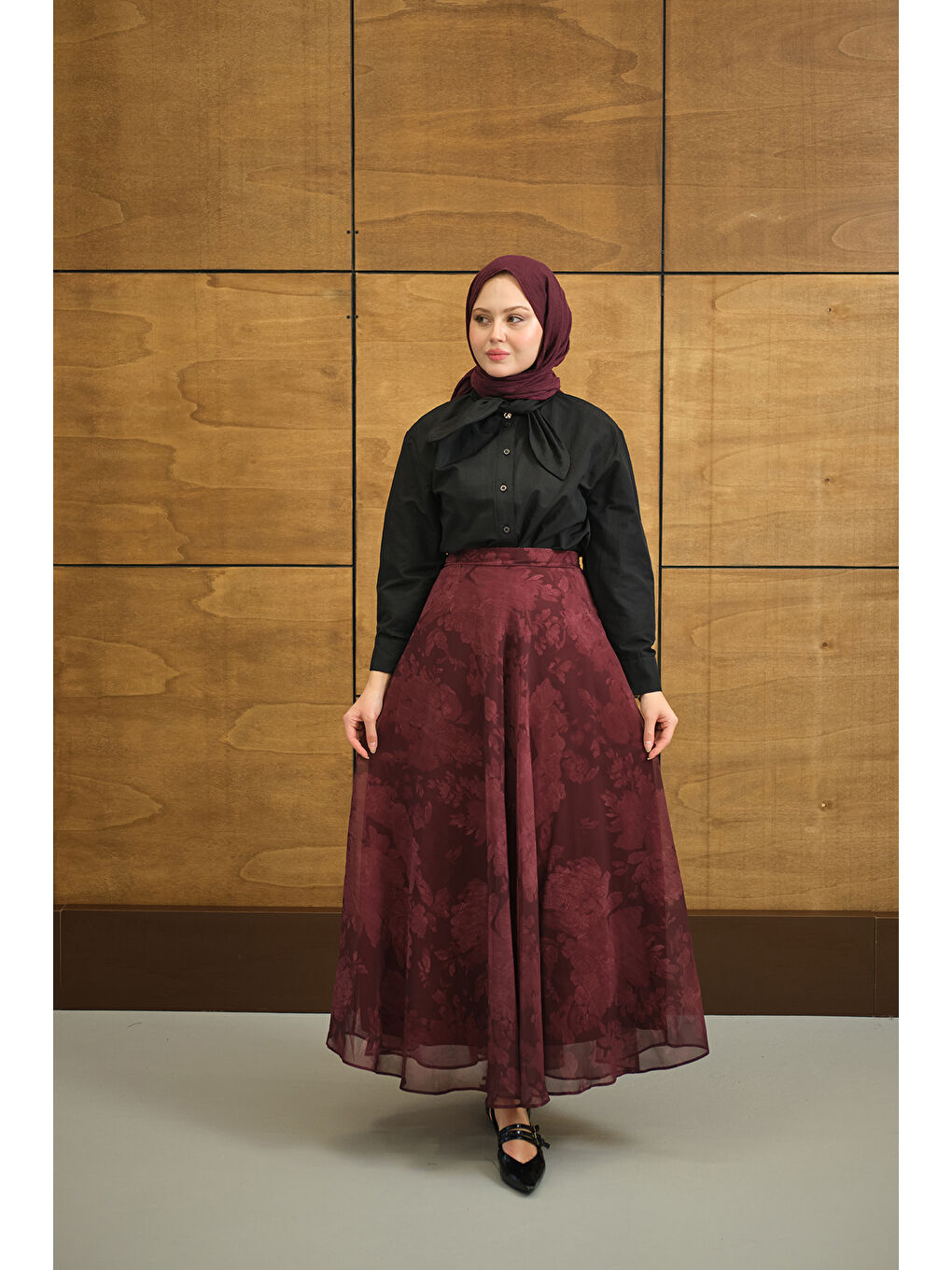 Kadın Çiçek Desen Astarlı Şifon Etek Bordo-1