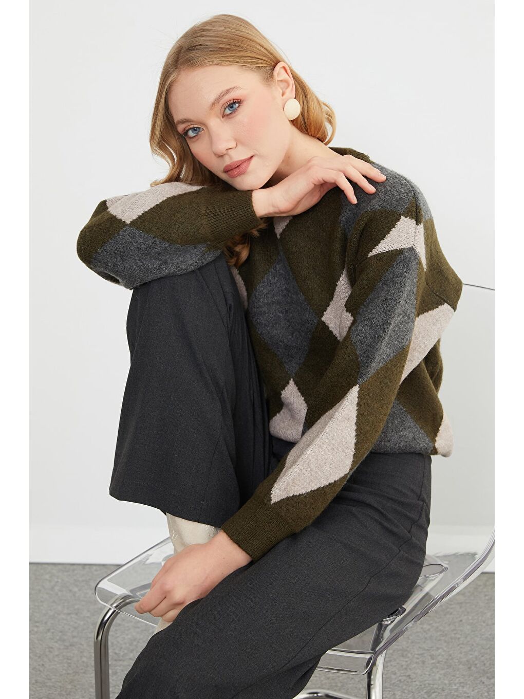 Haki Baklava Desenli Bisiklet Yaka Triko Kazak-3