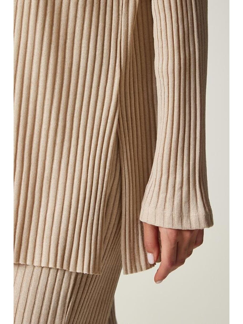 Kadın Bej Fitilli Örme Bluz Pantolon Takım-4