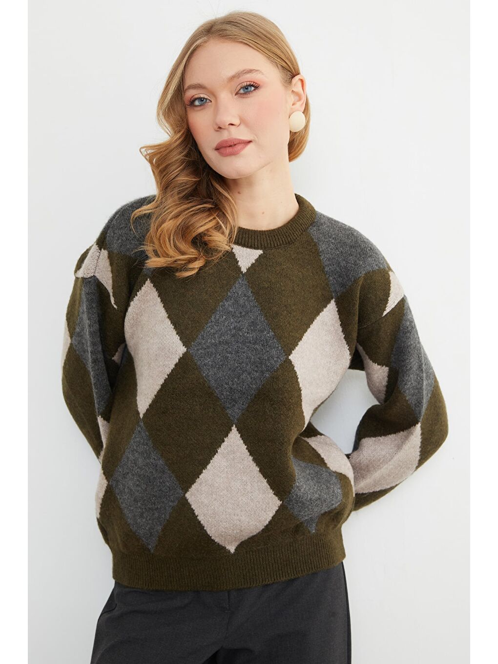 Haki Baklava Desenli Bisiklet Yaka Triko Kazak-4