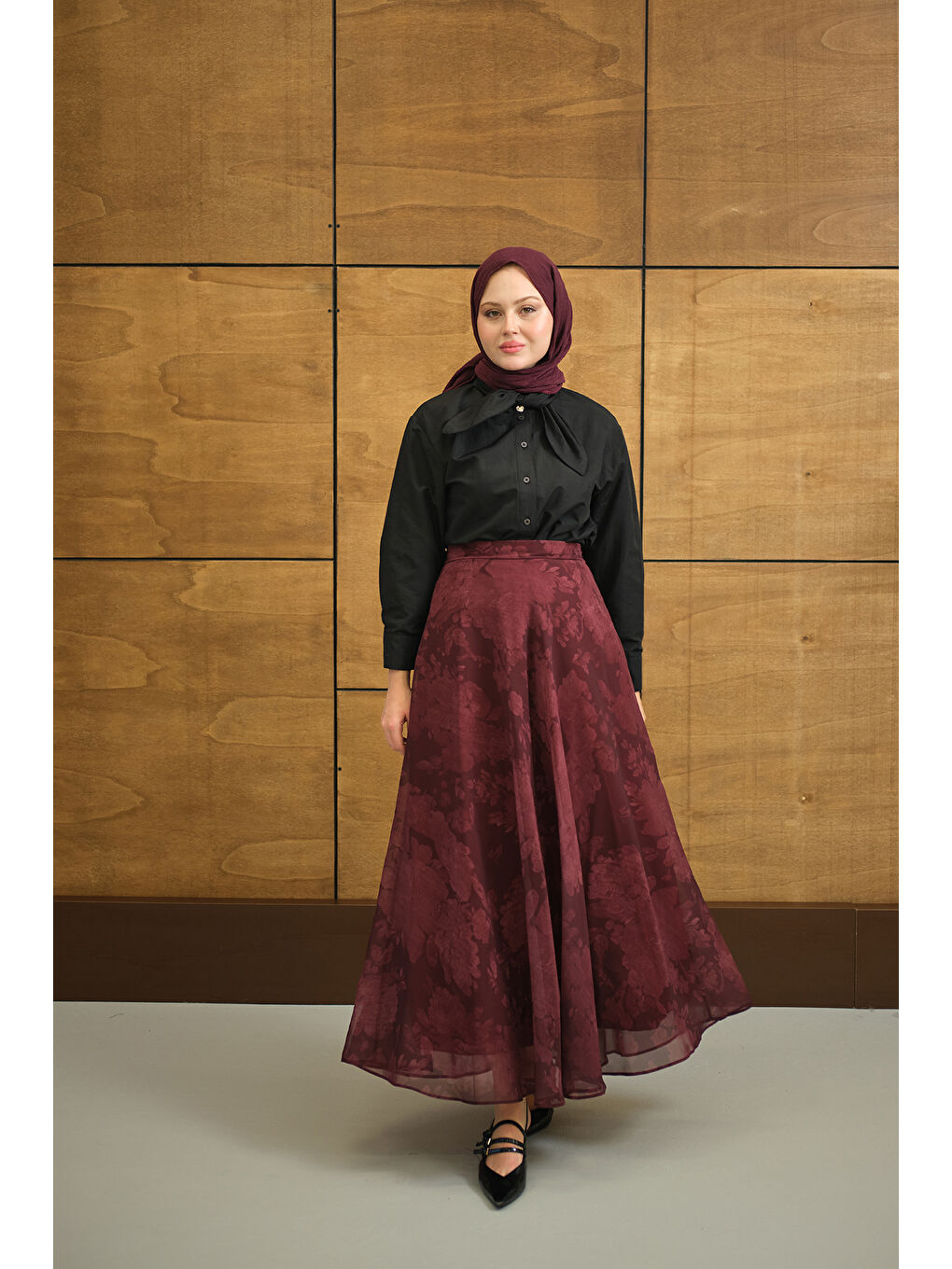 Kadın Çiçek Desen Astarlı Şifon Etek Bordo-2