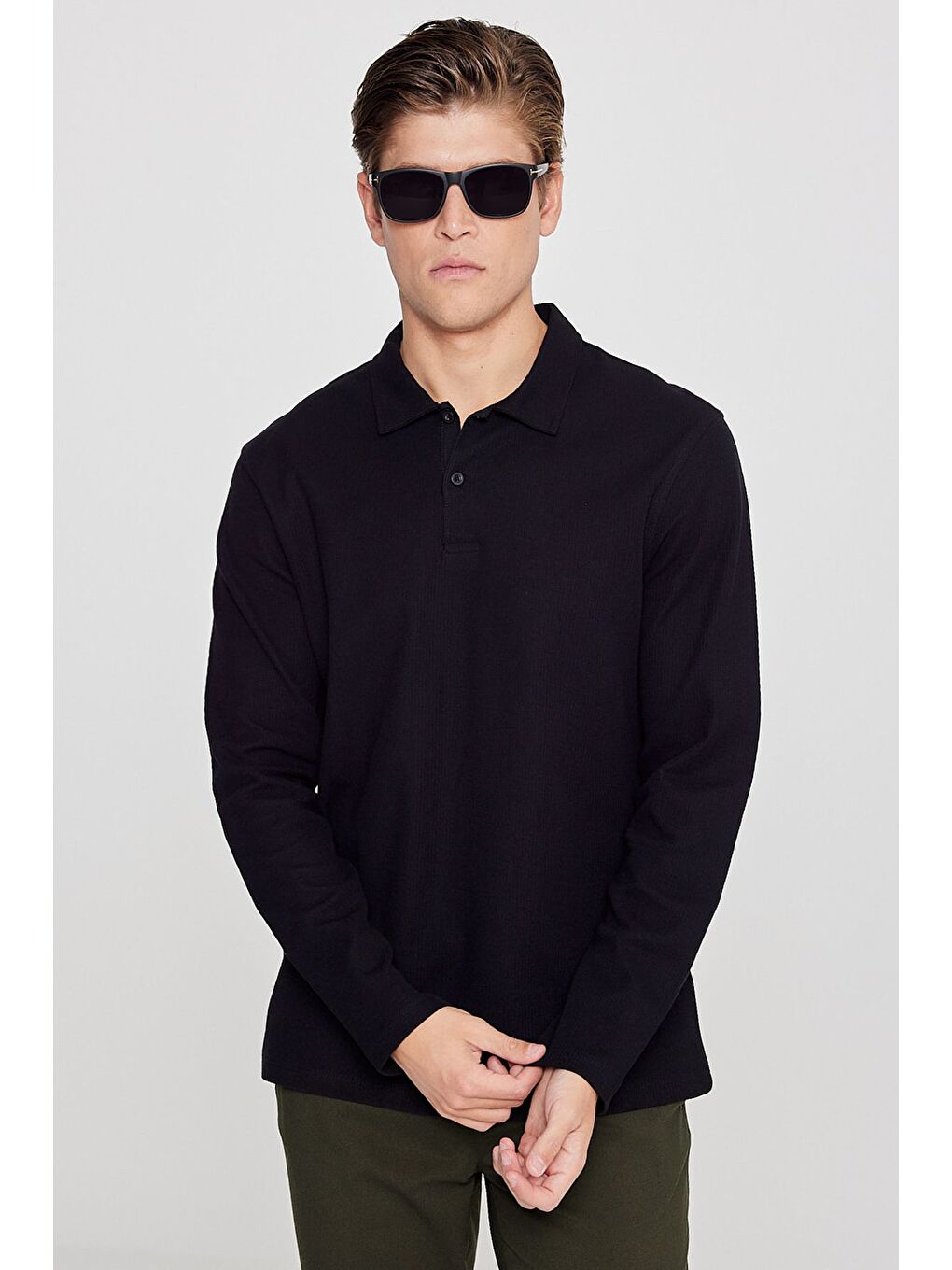 Erkek Siyah %100 Pamuk Slim Fit Dar Kesim Polo Yaka Jakarlı Triko Tişört