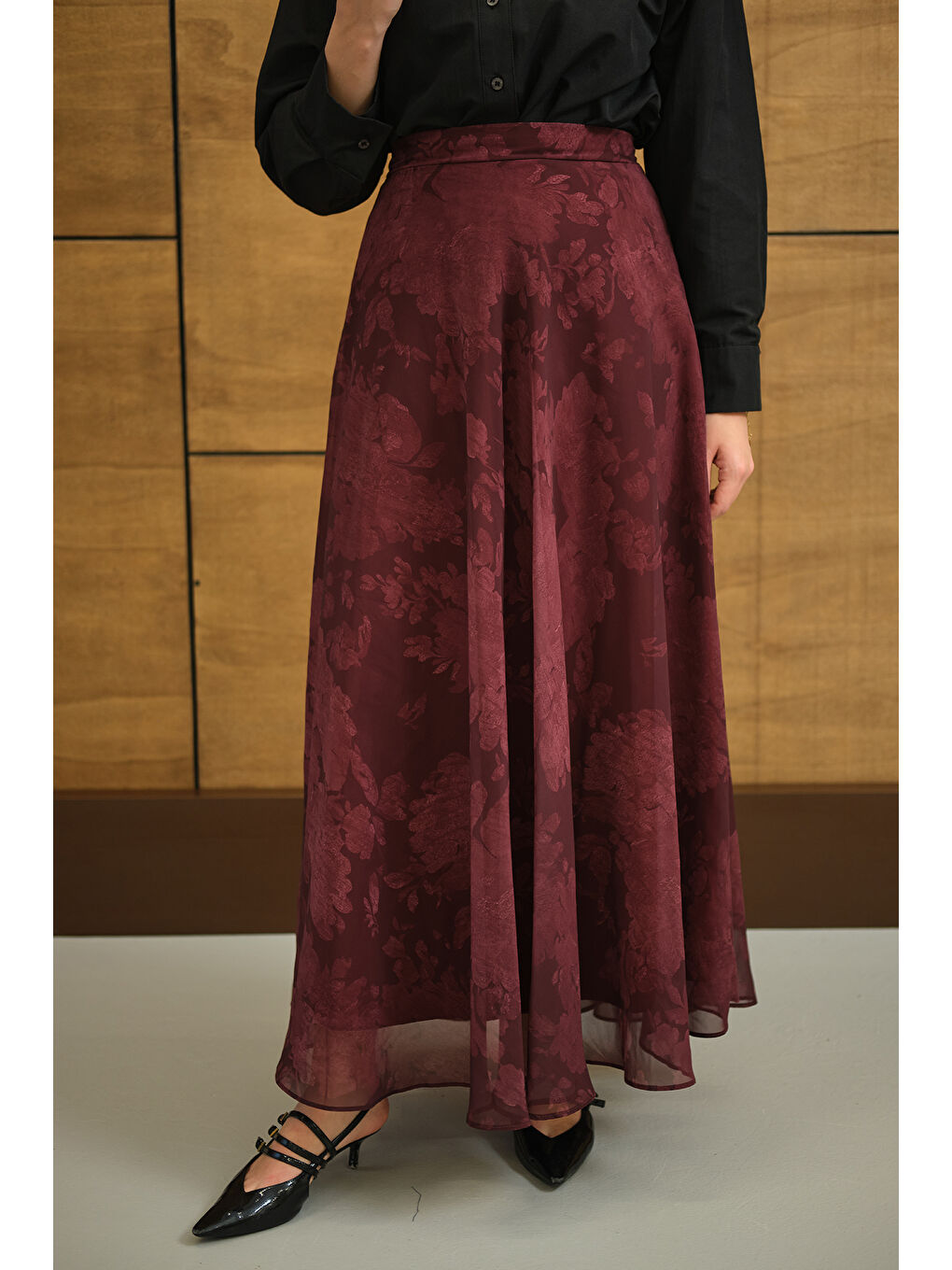 Kadın Çiçek Desen Astarlı Şifon Etek Bordo-3