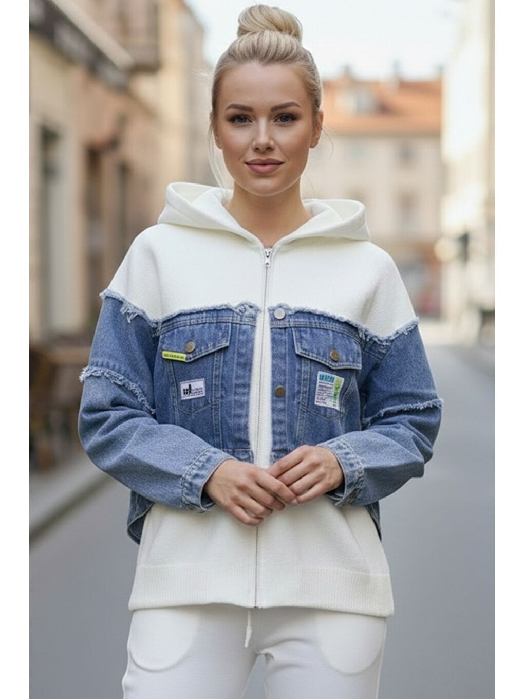 İtalyan Jean Mavisi Kapüşonlu Uzun Kol Fermuarlı Cepli Triko Garnili Denim Ceket 65 60