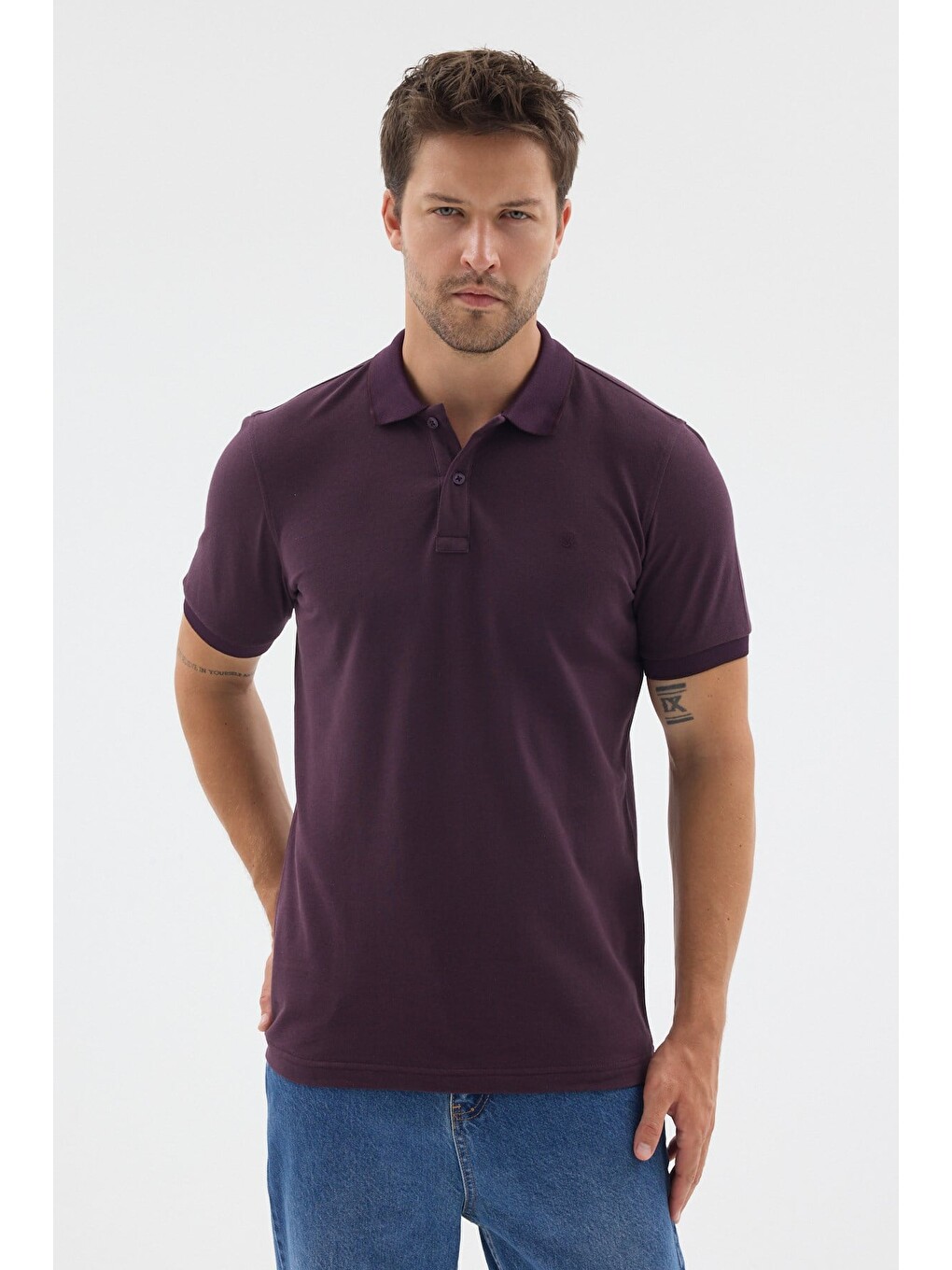 Mürdüm Mor Polo Yaka Pike Kısa Kol Slim Fit %100 Pamuk Tişört 1011260171