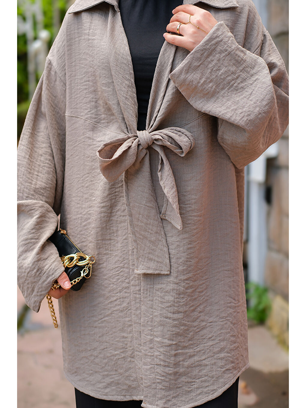 Kadın Önden Bağlamalı Ceket Gri-4