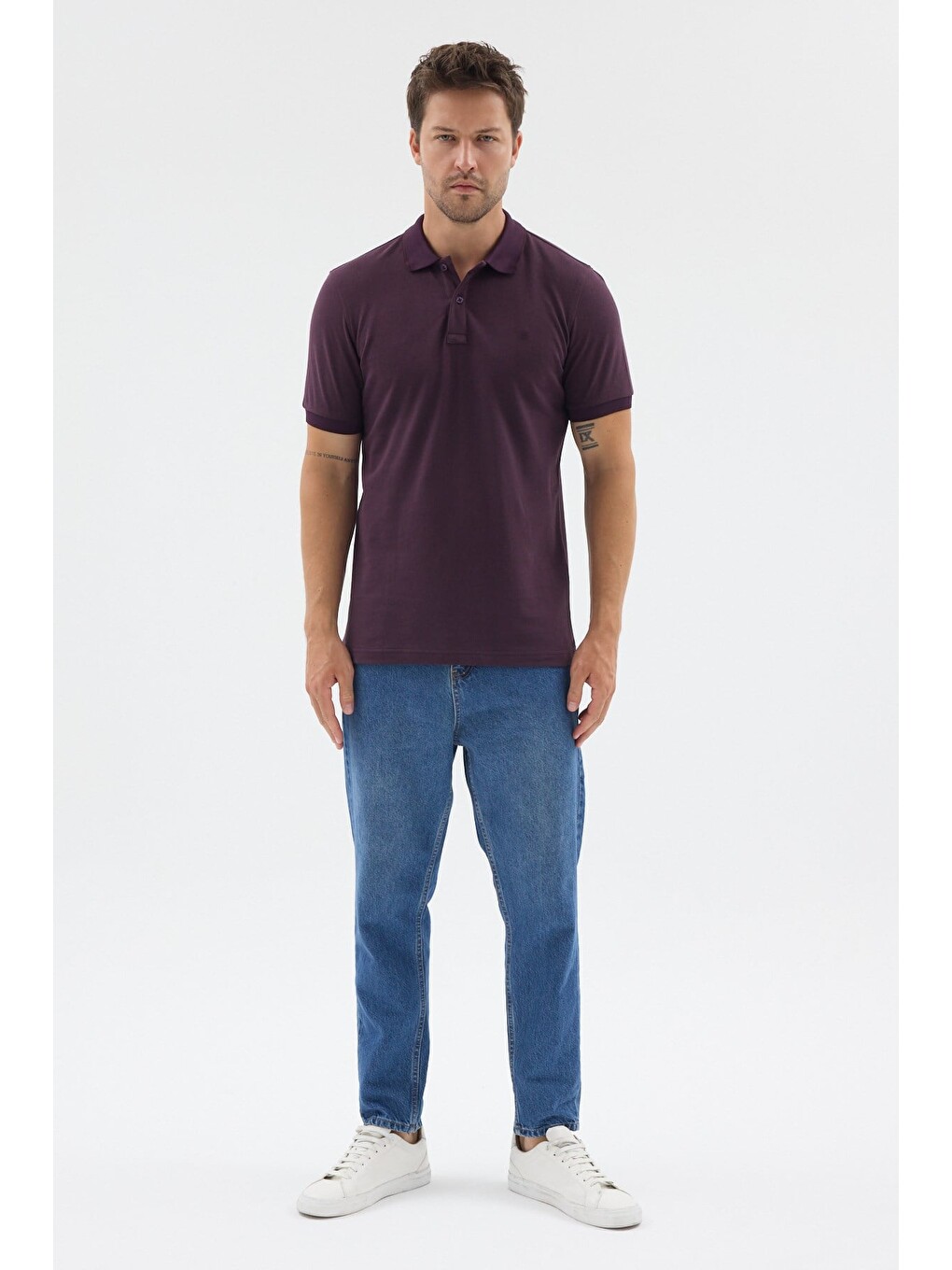 Mürdüm Mor Polo Yaka Pike Kısa Kol Slim Fit %100 Pamuk Tişört 1011260171-1
