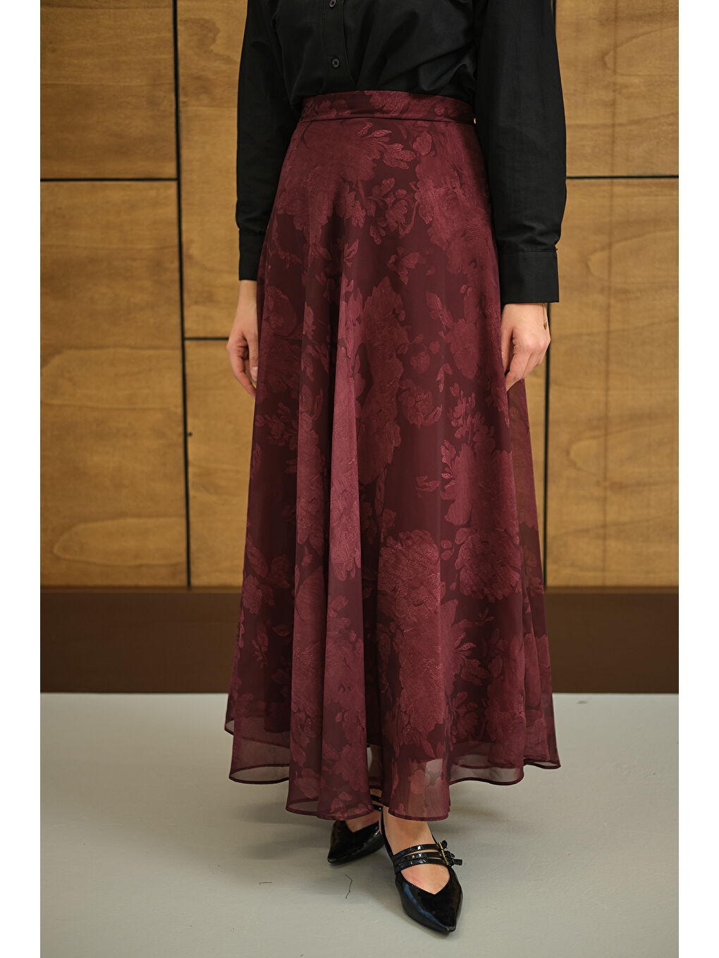 Kadın Çiçek Desen Astarlı Şifon Etek Bordo-4