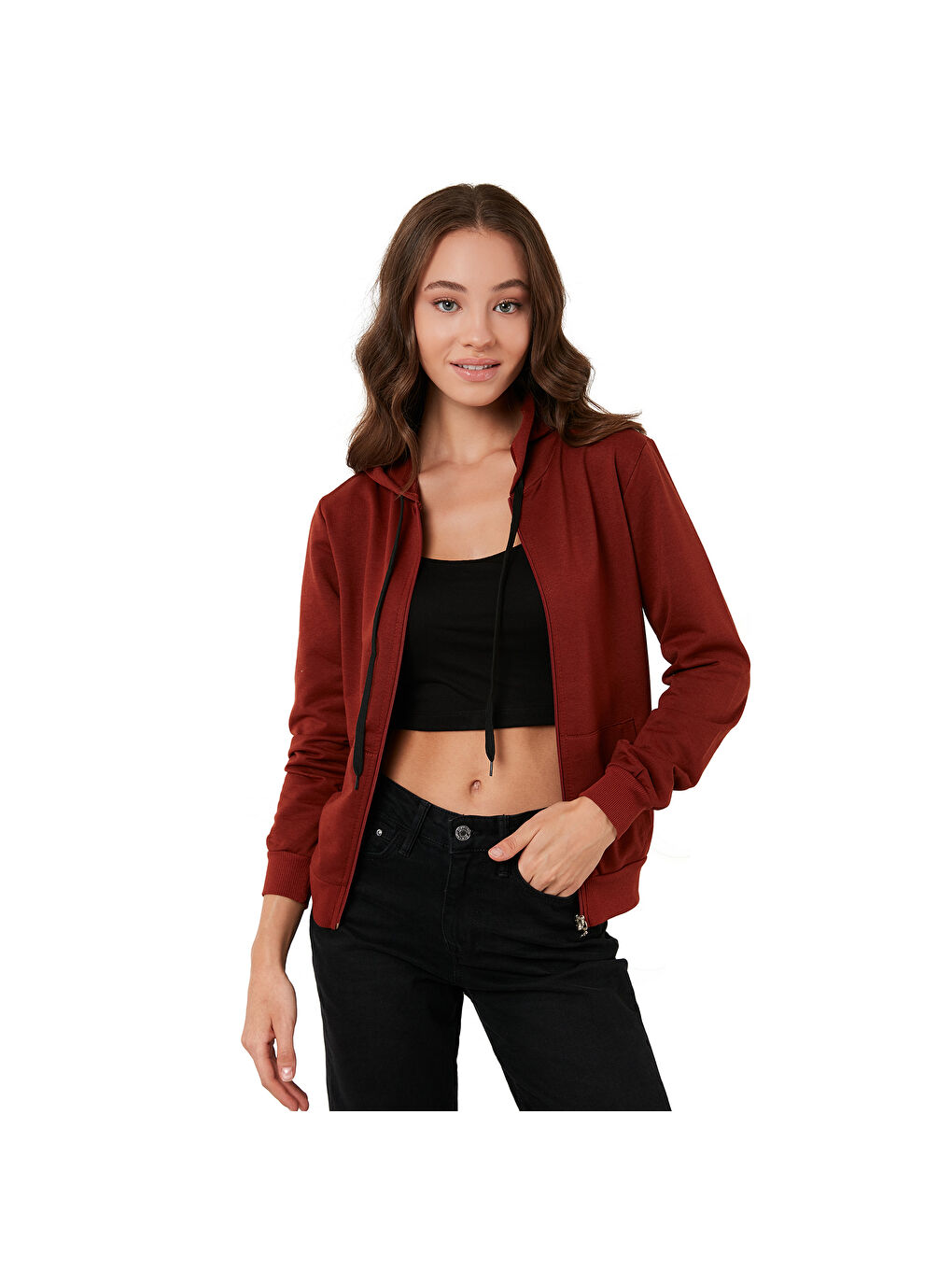 Kahverengi Ekstra Slim Fit Kapüşonlu Fermuarlı Cepli Örme Kadın Sweat 5413001-6