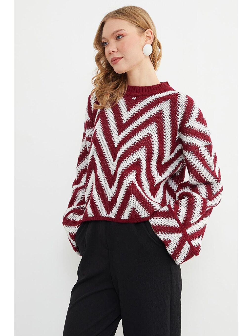 Bordo Zikzak Desenli Kol Detaylı Triko Kazak