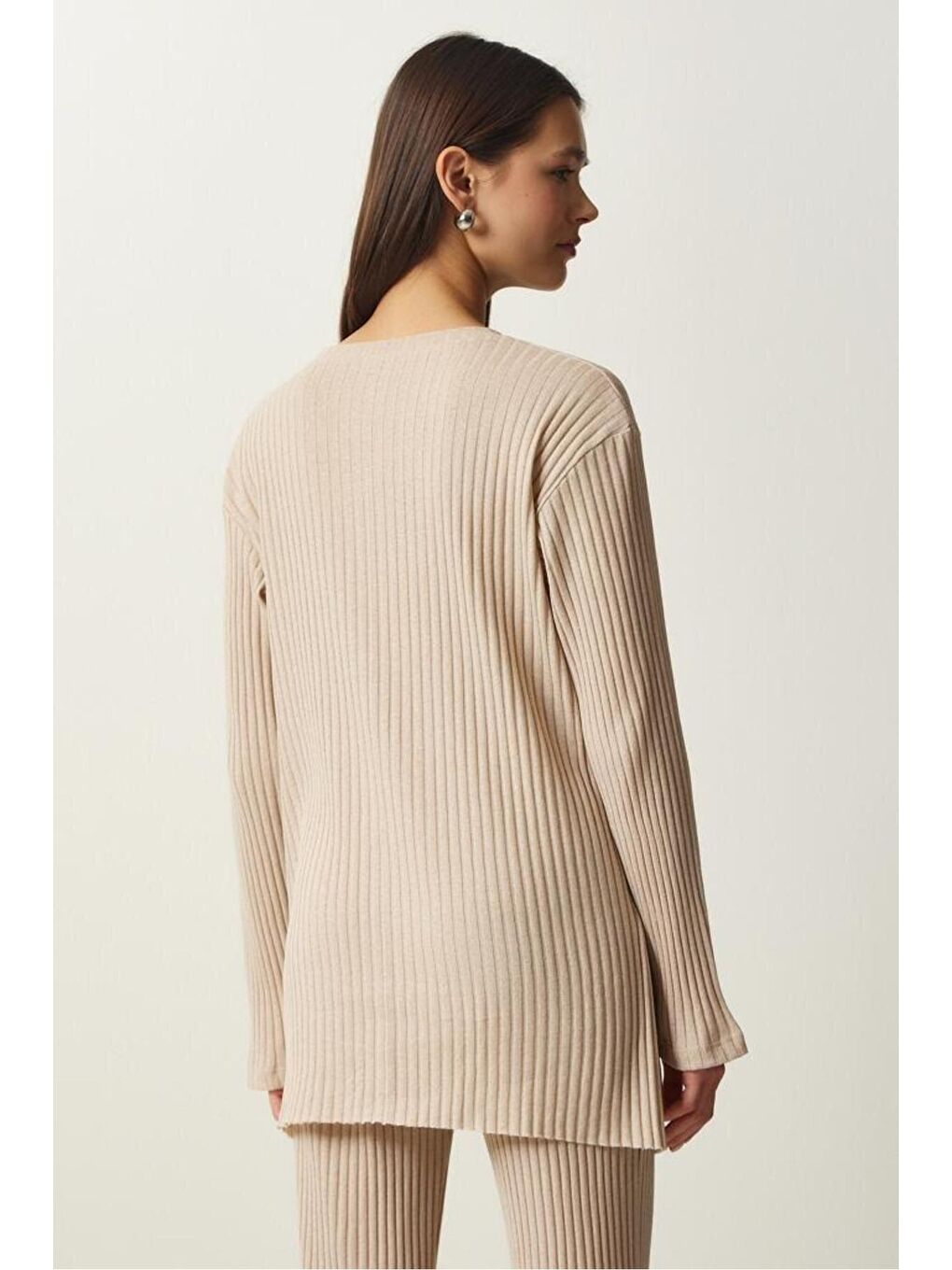 Kadın Bej Fitilli Örme Bluz Pantolon Takım-5