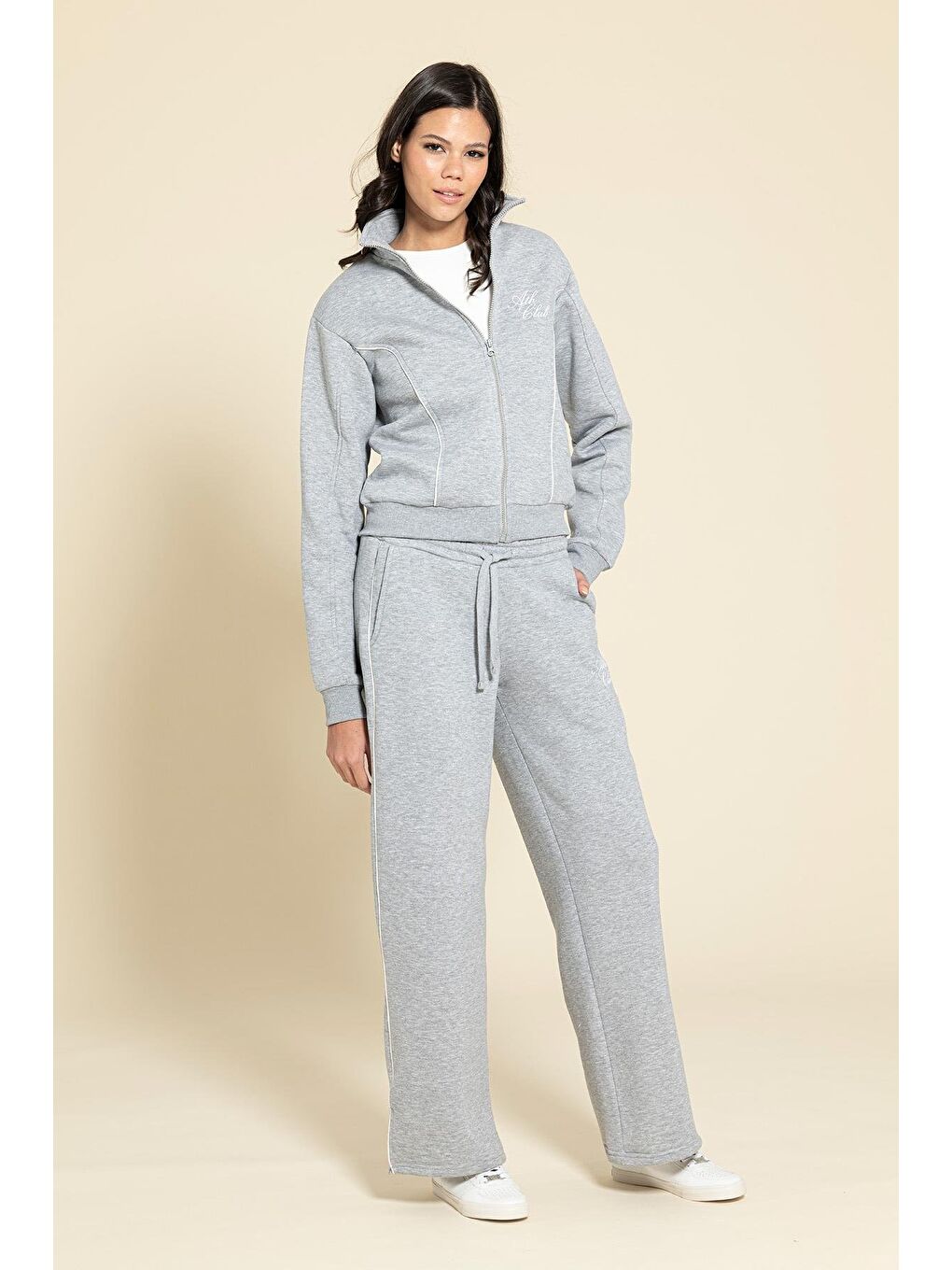 2'Li Fermuarlı Biye Detaylı Gri Eşofman Takımı