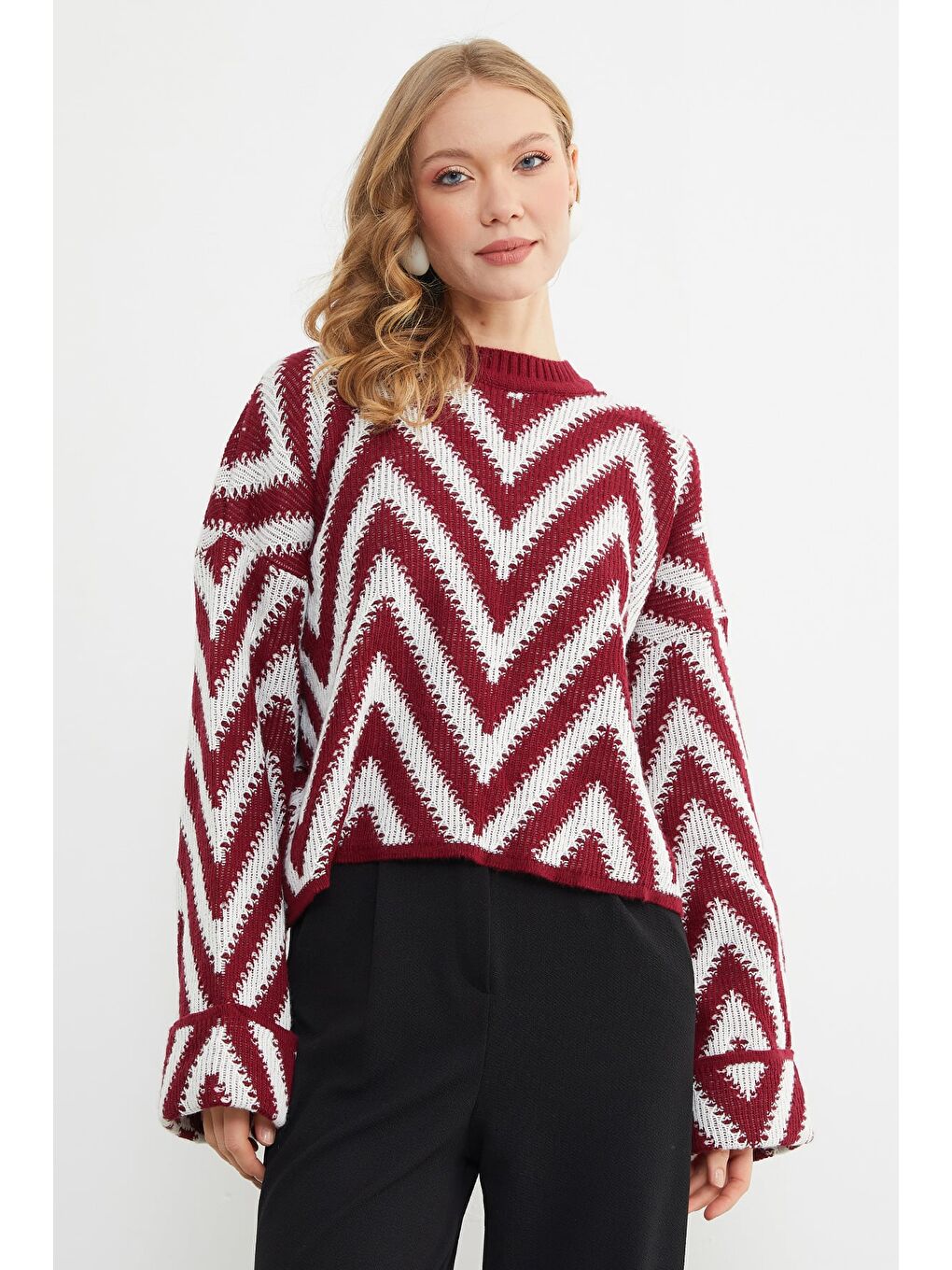 Bordo Zikzak Desenli Kol Detaylı Triko Kazak-1