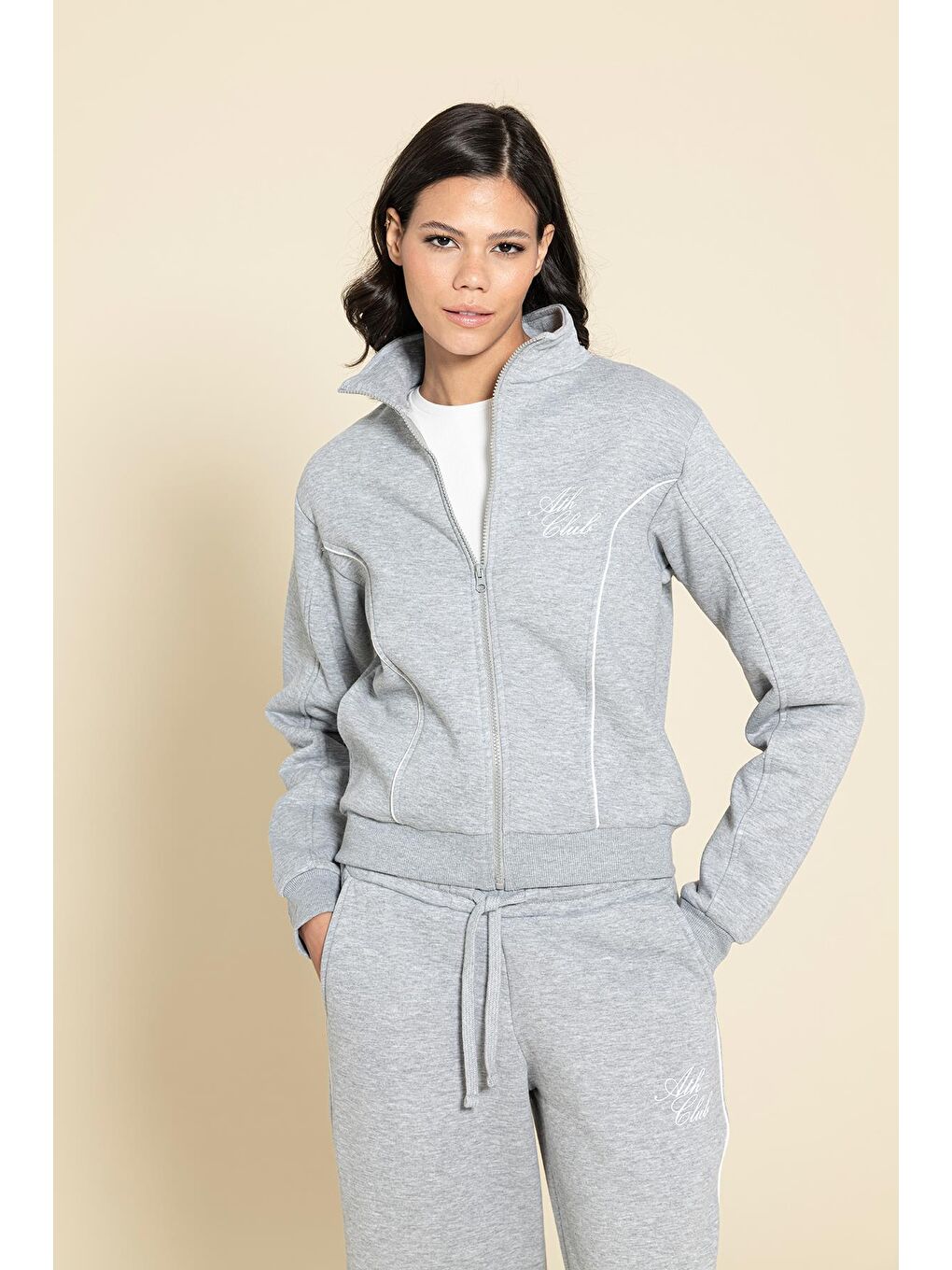 2'Li Fermuarlı Biye Detaylı Gri Eşofman Takımı-1