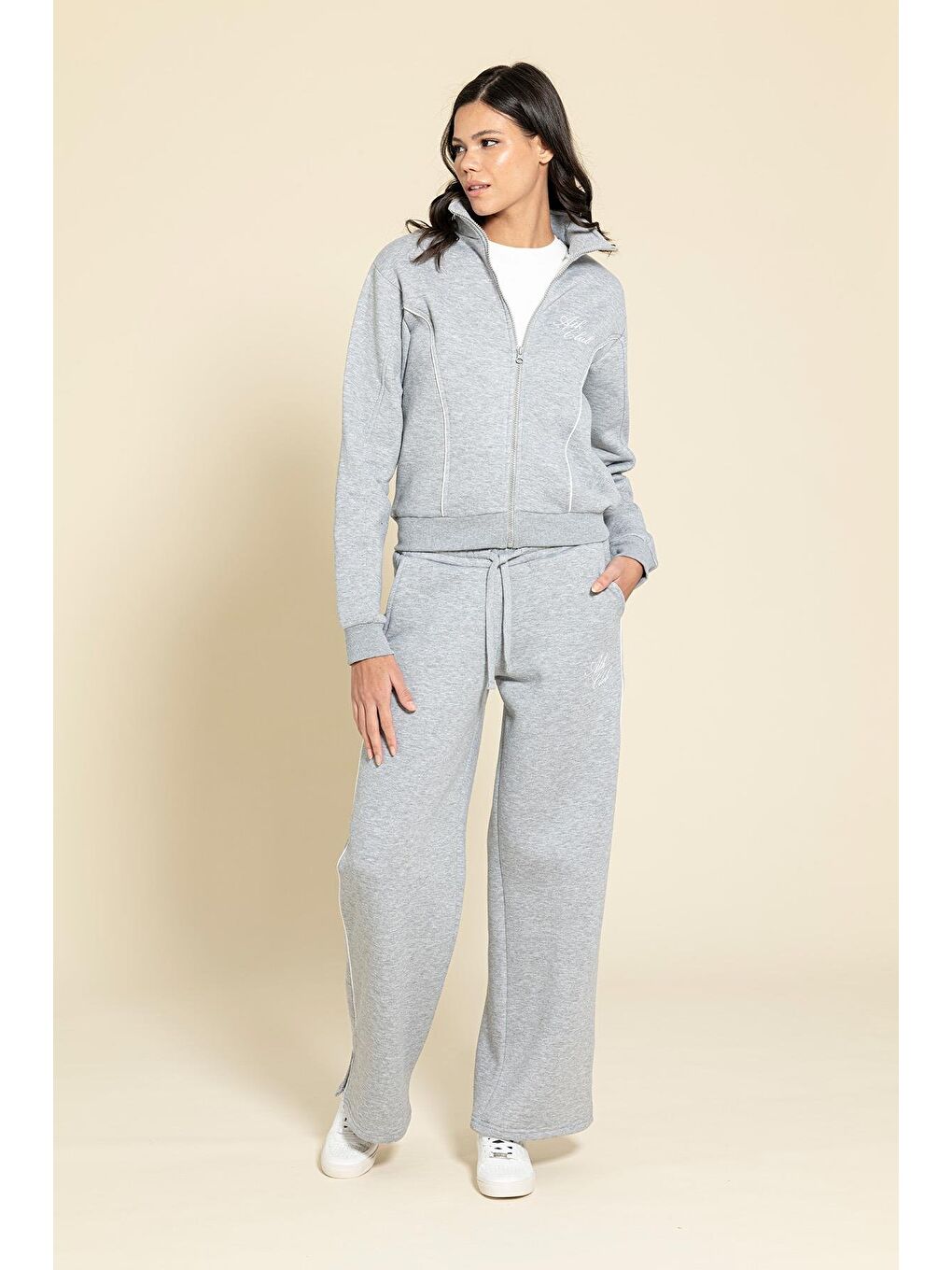 2'Li Fermuarlı Biye Detaylı Gri Eşofman Takımı-3