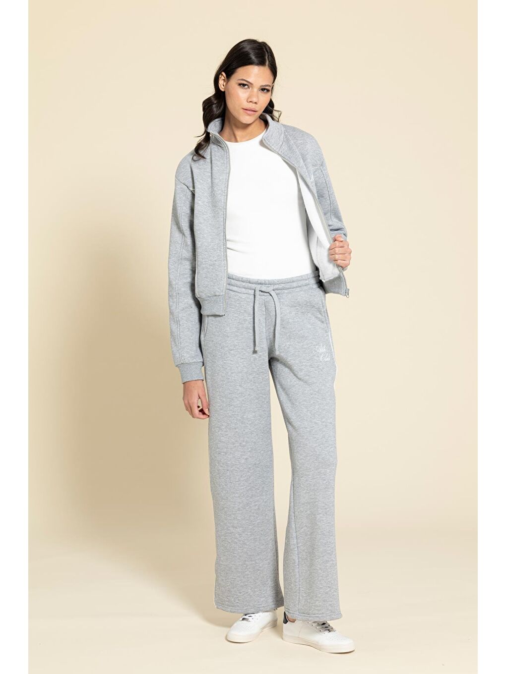 2'Li Fermuarlı Biye Detaylı Gri Eşofman Takımı-4