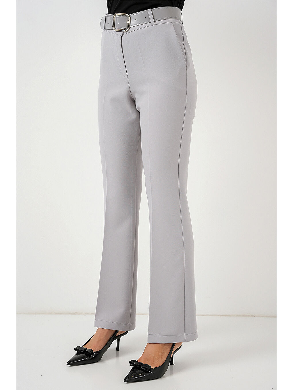 6538 Kemerli İspanyol Paça Pantolon - Gri-1