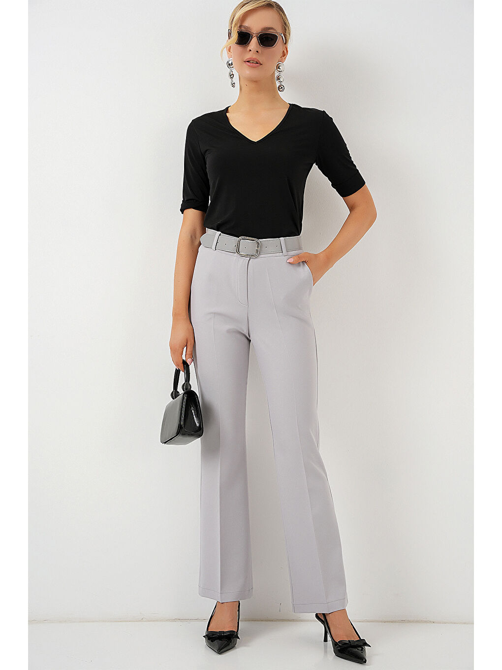 6538 Kemerli İspanyol Paça Pantolon - Gri-2