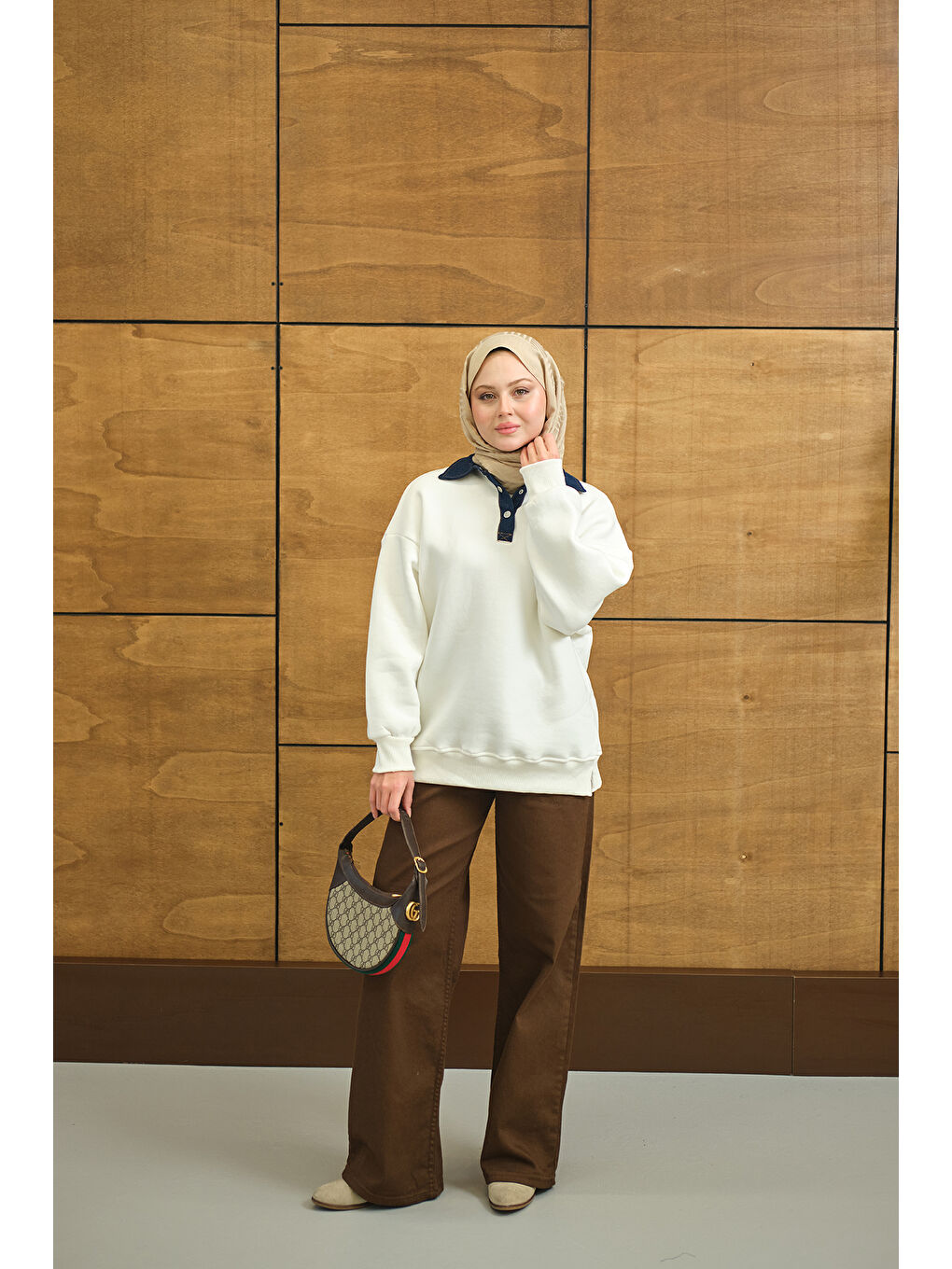 Kadın Yakası Jean Detay Sweat Beyaz-1