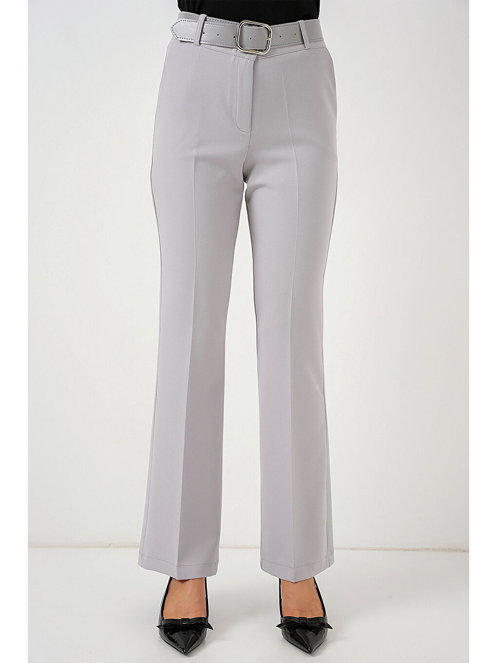 6538 Kemerli İspanyol Paça Pantolon - Gri-3