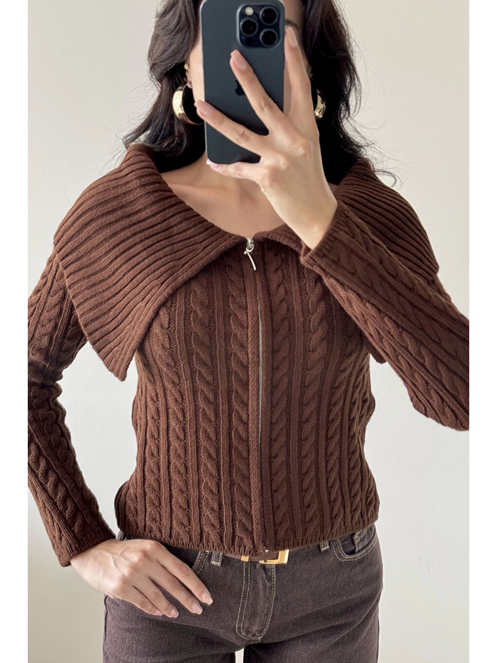 Kahverengi Kadın Kahve Fermuarlı Hırka 1014-2406
