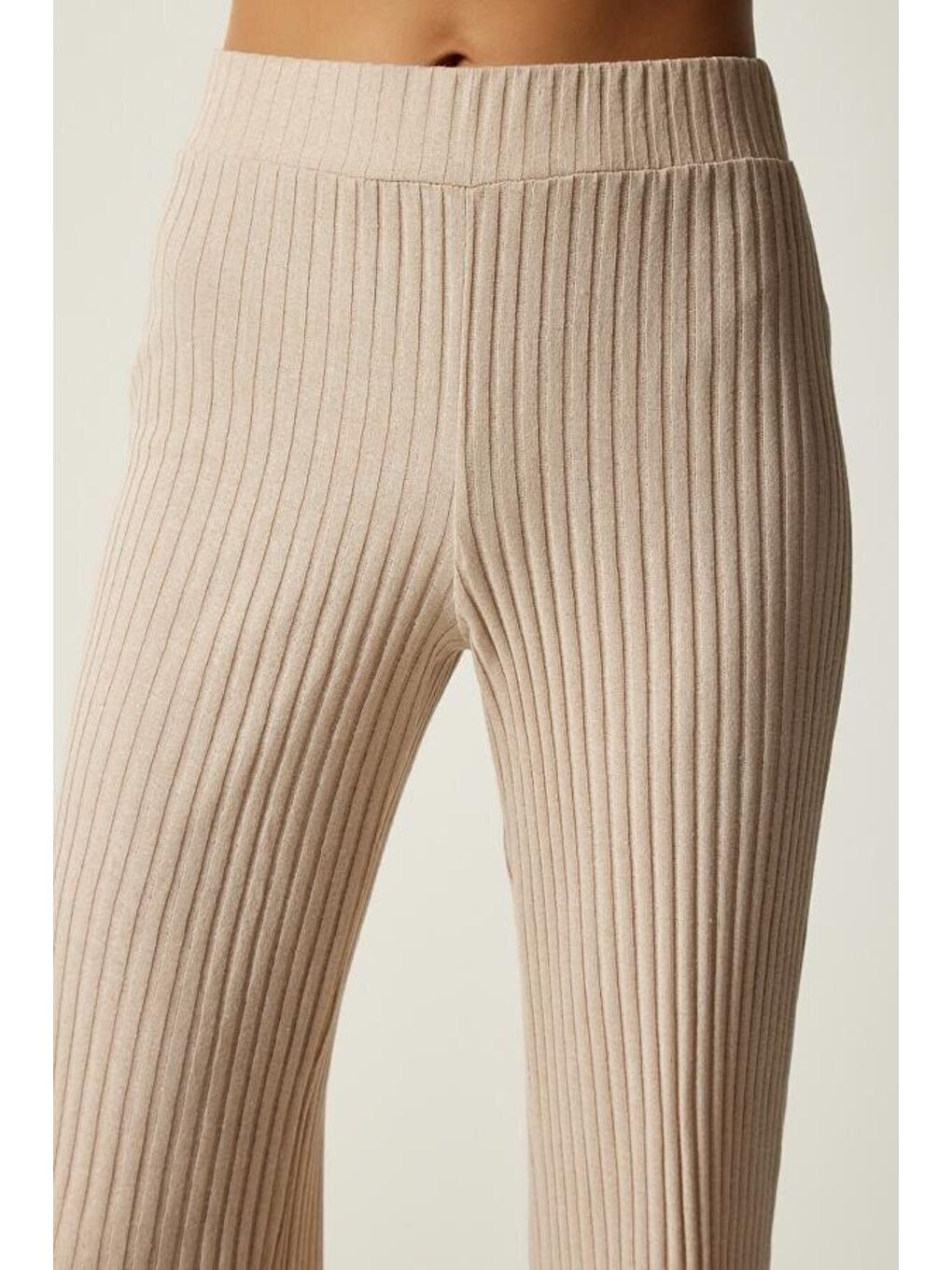 Kadın Bej Fitilli Örme Bluz Pantolon Takım-6