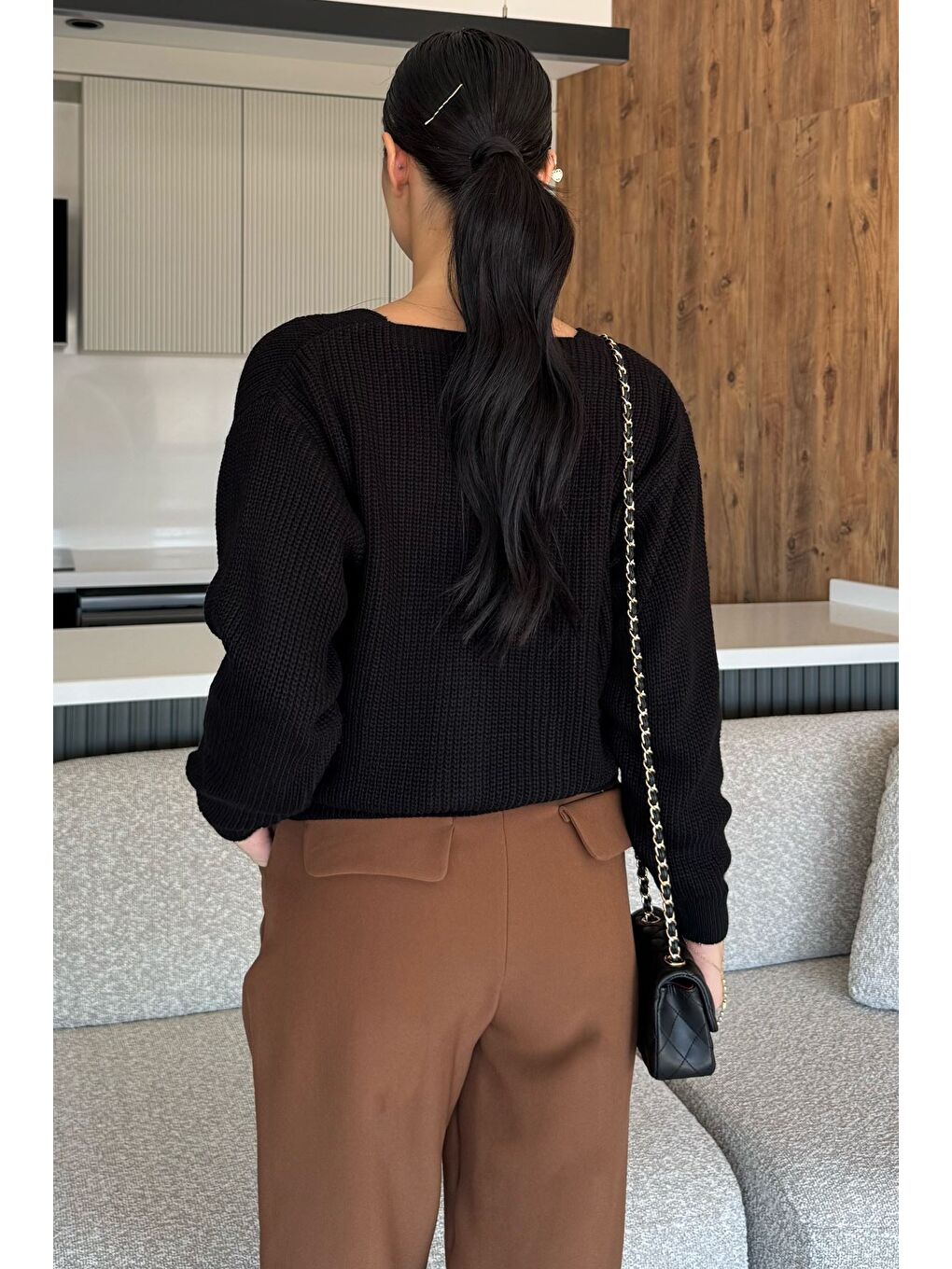 Siyah V Yaka Ön Düğmeli Kadın Örme Triko Hırka-3