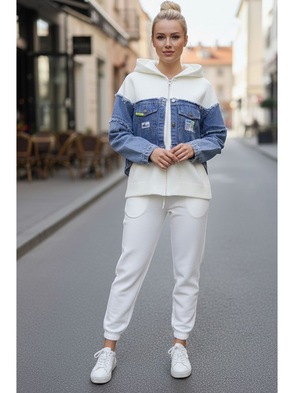 İtalyan Jean Mavisi Kapüşonlu Uzun Kol Fermuarlı Cepli Triko Garnili Denim Ceket 65 60-2