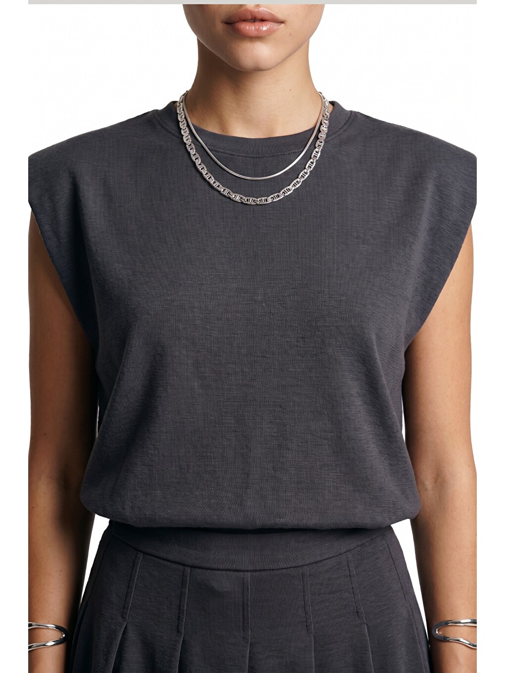 Gri Modal Vatkalı T-shirt Etek Takım Füme Lby0060-4