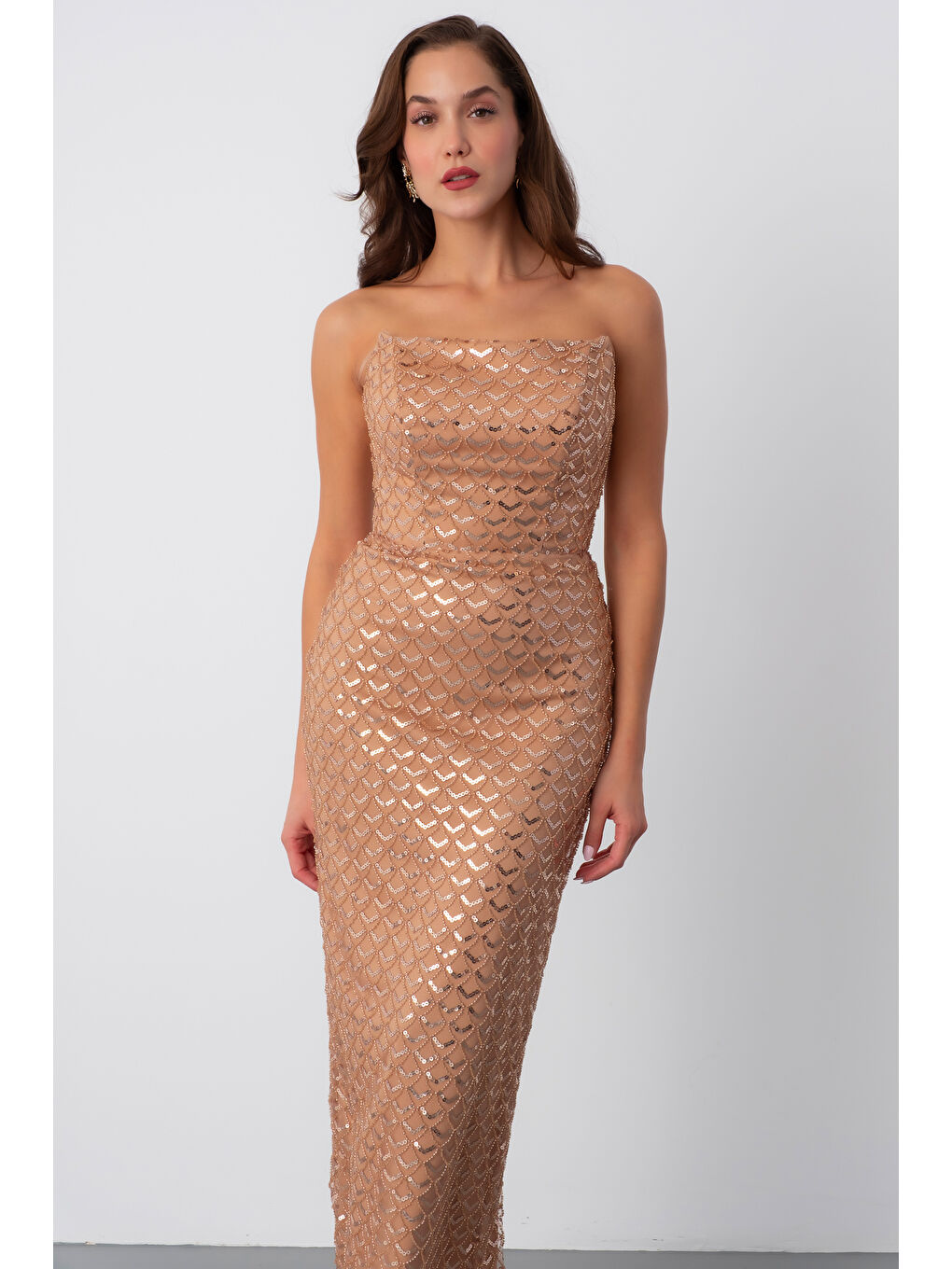 Sarı Kadın Gold Straplez Payetli Kalem Abiye Elbise-1