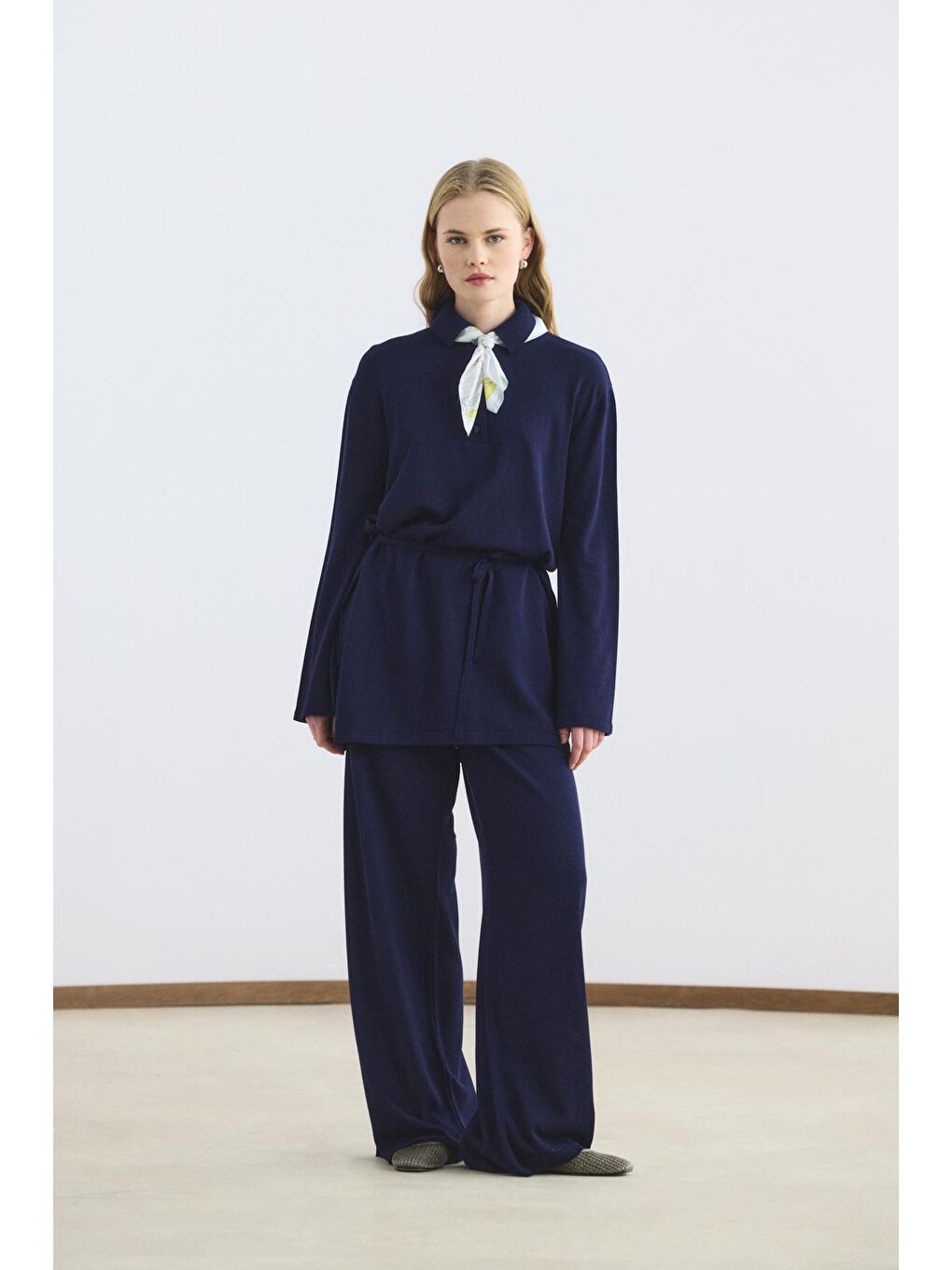 Polo Yaka İnce Triko Tunik Pantolon Takım Lacivert