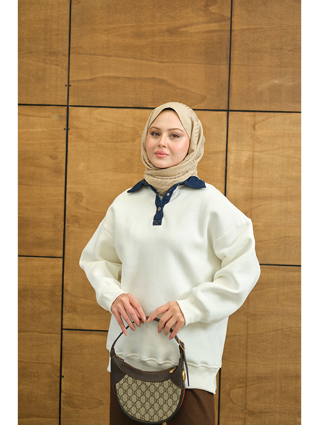 Kadın Yakası Jean Detay Sweat Beyaz-2