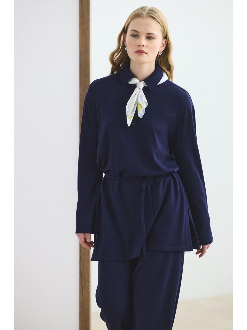 Polo Yaka İnce Triko Tunik Pantolon Takım Lacivert-1