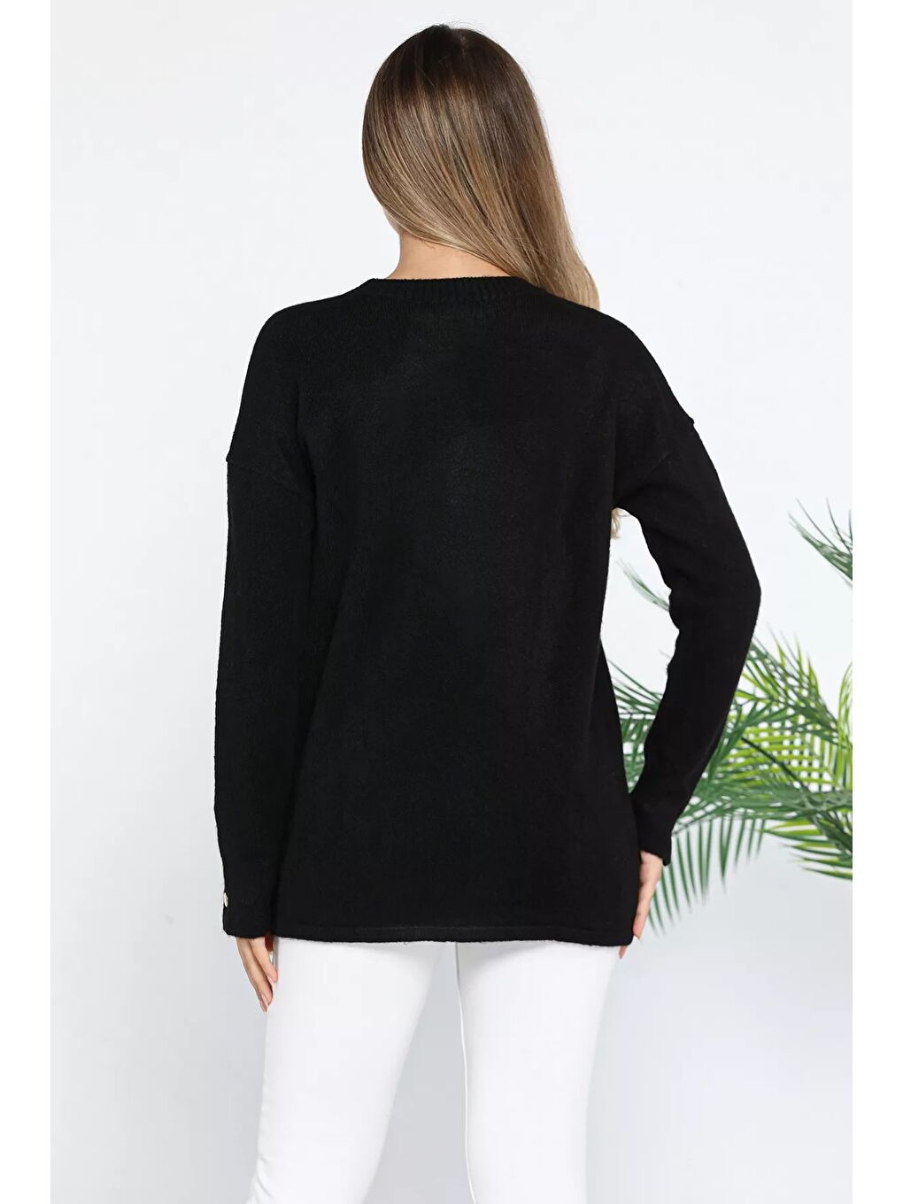 Siyah Kadın Bisiklet Yaka Yan Düğme Detaylı Salaş Triko Kazak-5