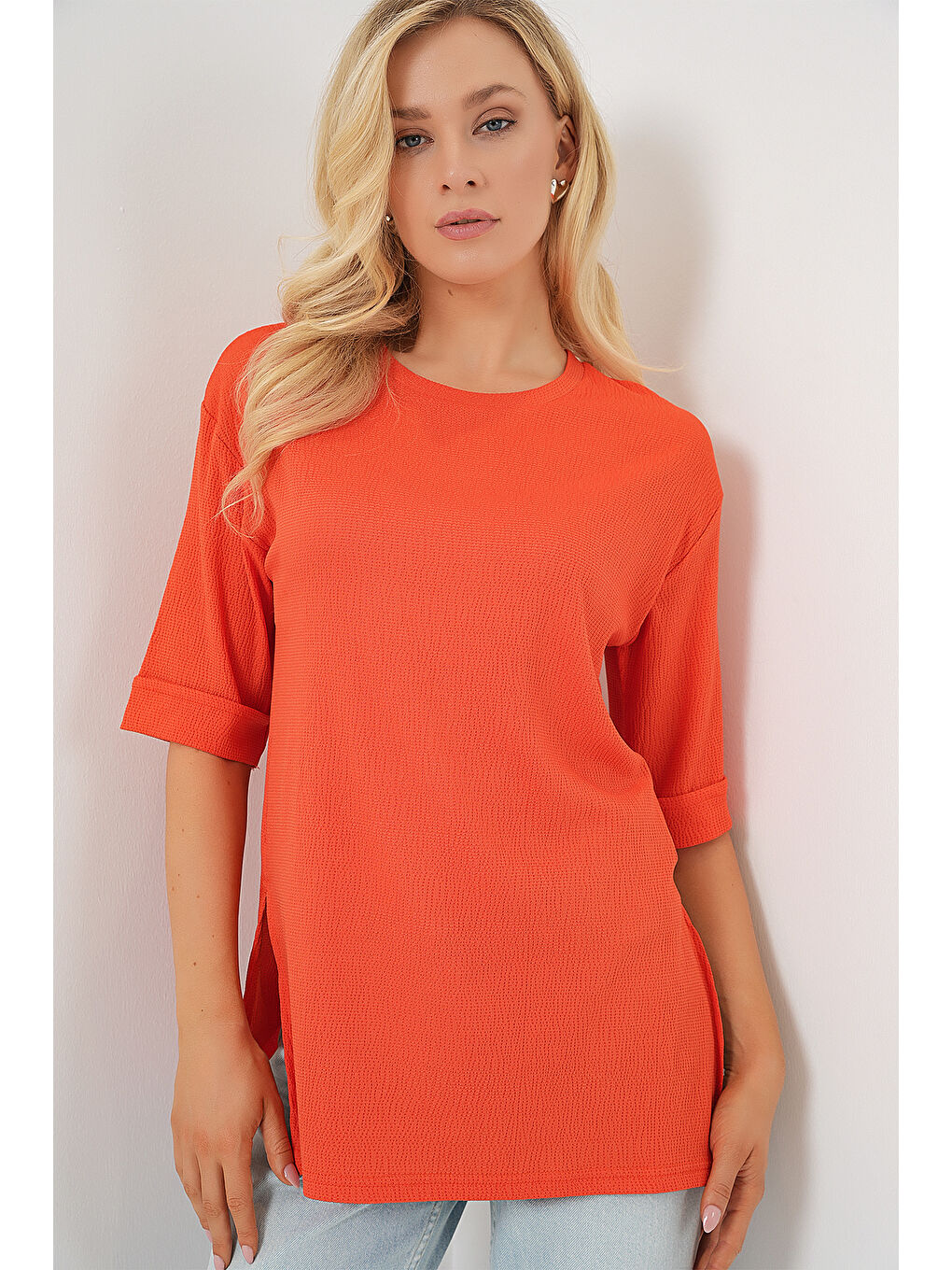 4332 Yanı Yırtmaçlı Örme Tişört - Turuncu-4